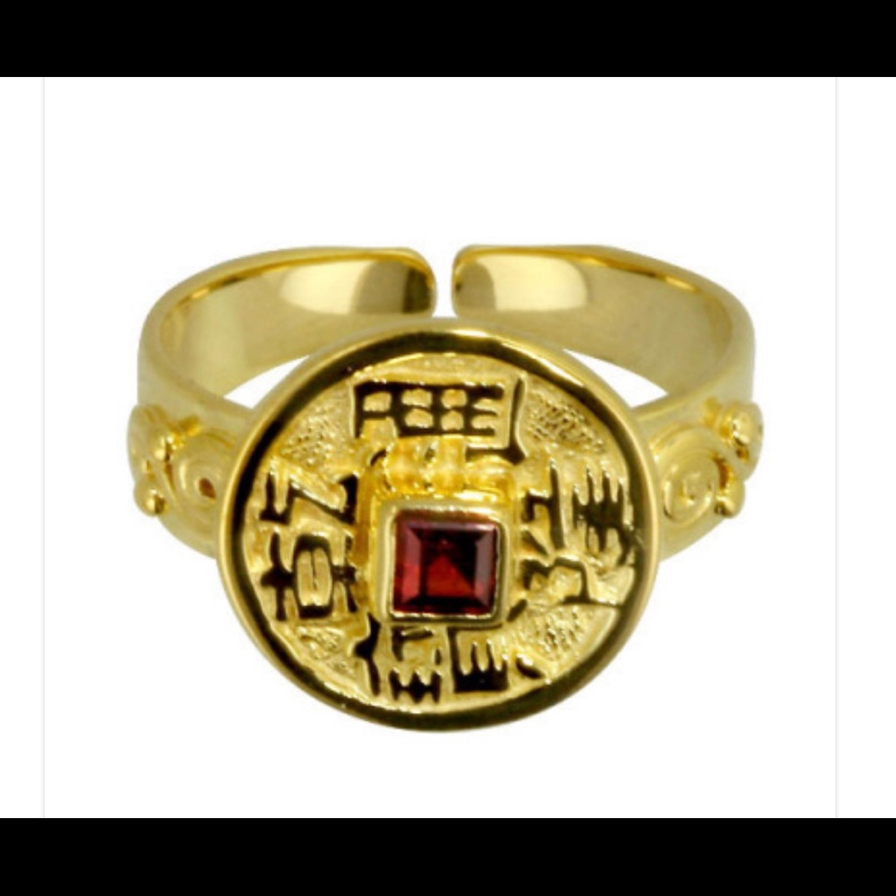 SAJEN-Gold-Plated Chinese Coin,Garnet Vermeil Ring